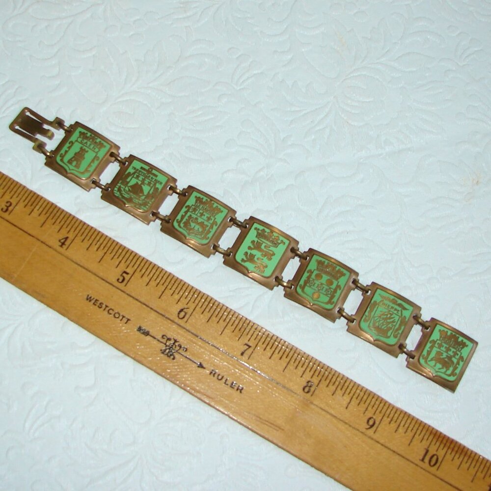 Vtg Art Deco Heraldic Enameled Brass Panel BRACELET,France City Coat of Arms E92